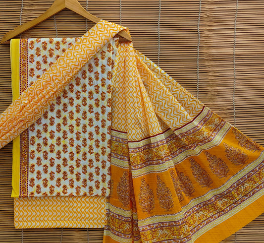 Bagrubazzar Women Hand Block Printed Cotton Unstitched Suit Set with Cotton Dupatta (BBCOTCO68)