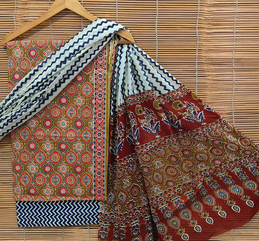 Bagrubazzar Hand Block Printed Cotton Unstitched Suit Set with Cotton Dupatta – Women Ethnic Wear (BBCOTCO72)