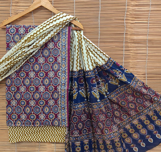Bagrubazzar Handblock Printed Cotton Unstitched Salwar Suit Set with Cotton Dupatta (BBCOTCO76)