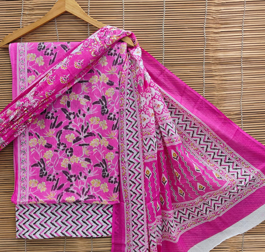 Bagrubazzar Handblock Printed Cotton Suit Unstitched Set for Women with Cotton Dupatta (BBCOTCO75)
