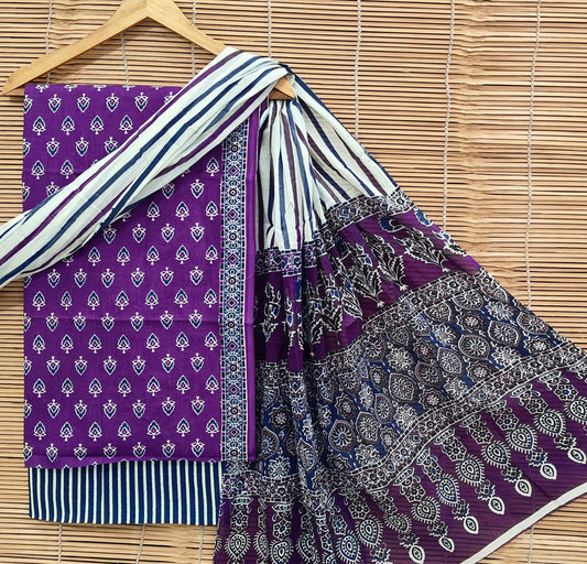 Bagrubazzar Handblock Printed Unstitched Cotton Suit Set with Cotton Dupatta (BBCOTCO80)
