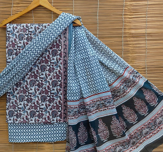 Bagrubazzar Bagru Hand Painted Unstitched Cotton Suit with Cotton Dupatta Set (BBCOTCO34)