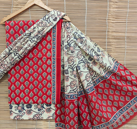 Bagrubazzar Handblock Printed Cotton Unstitched Suit Set with Cotton Dupatta for Women (BBCOTCO40)