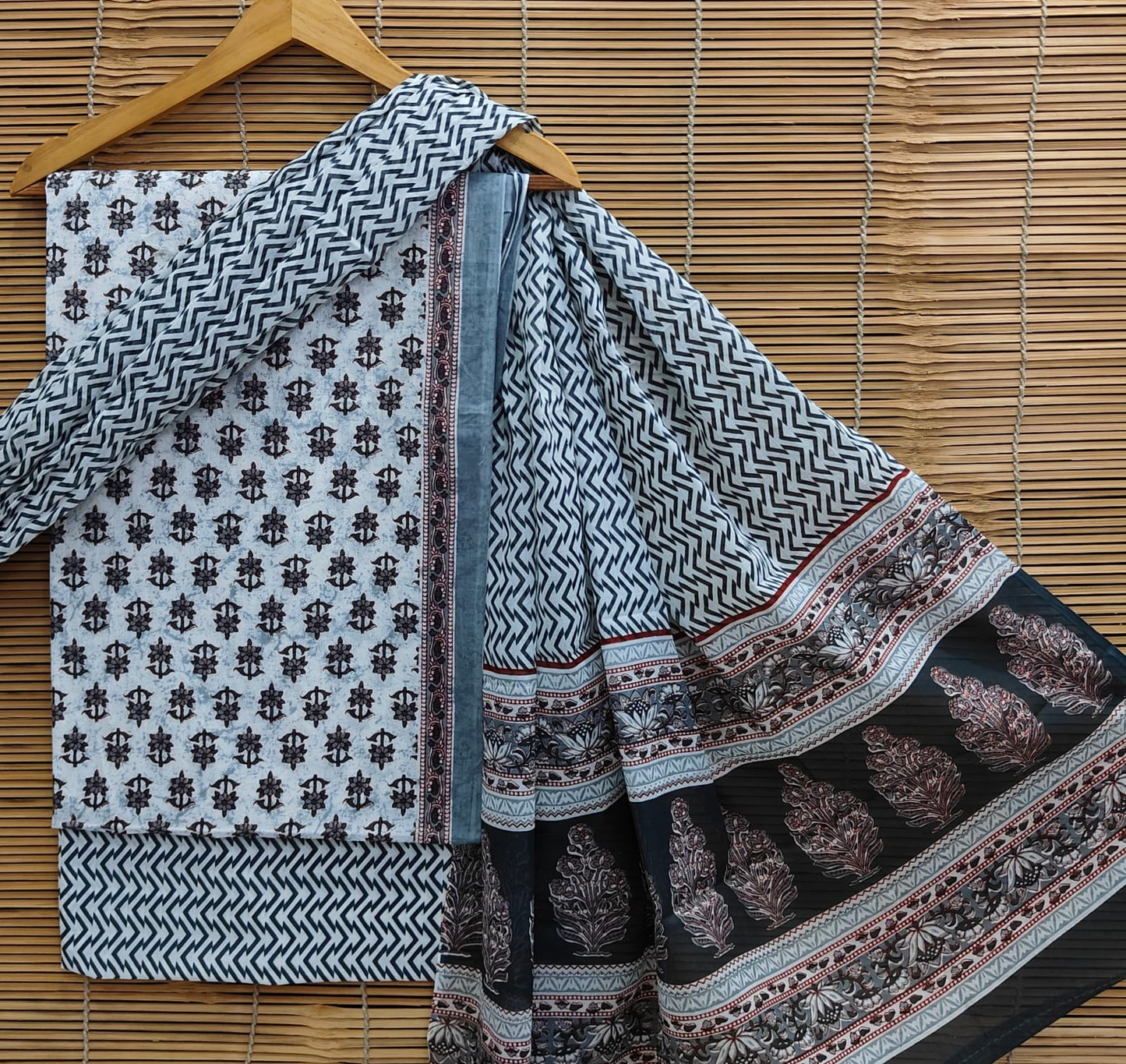 BagruBazzar | Hand Block Printed Cotton Straight Suit with Dupatta – Sanganeri Floral Boota (BBCOTCO57)
