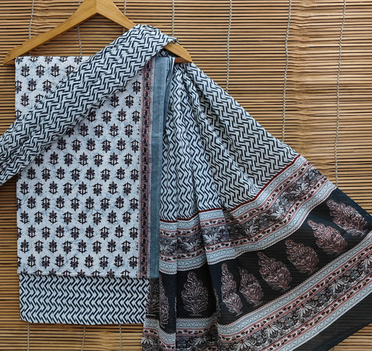 BagruBazzar | Hand Block Printed Cotton Straight Suit with Dupatta – Sanganeri Floral Boota (BBCOTCO57)