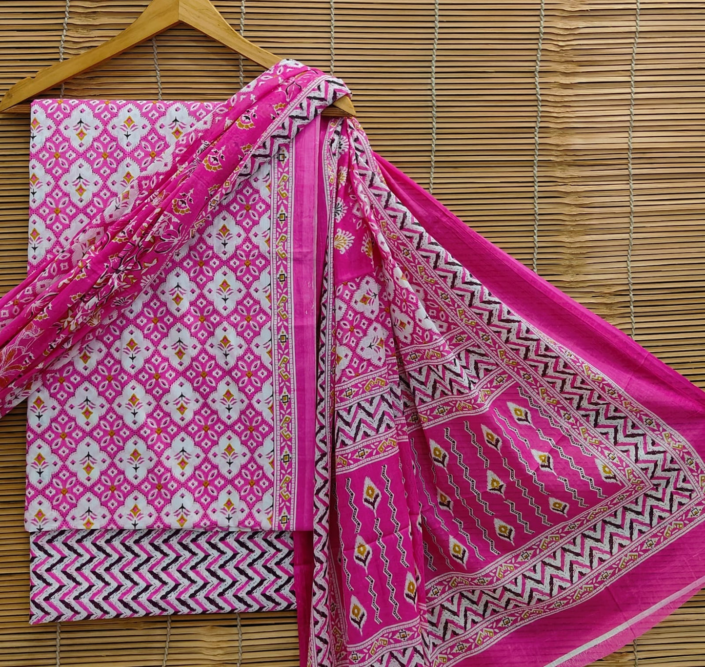 BagruBazzar | Bagru Hand Block Printed Cotton Unstitched Suit Set – Earthy Boho Floral Print (BBCOTCO59)