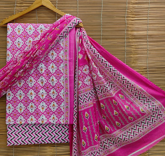 BagruBazzar | Bagru Hand Block Printed Cotton Unstitched Suit Set – Earthy Boho Floral Print (BBCOTCO59)