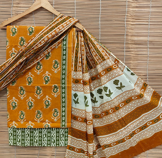 Ladies Unstitched Cotton Suit Set With Cotton Dupatta – Handblock Print by Bagrubazzar (BBCOTCO01)