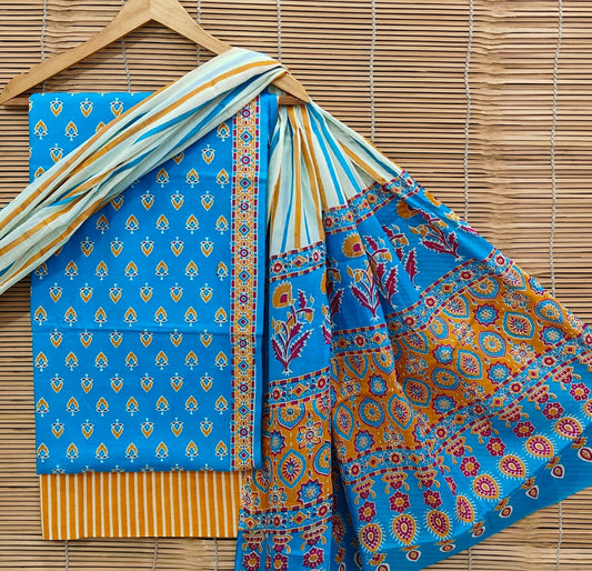 Bagrubazzar Cotton Suit Set – Handblock Printed, Unstitched with Cotton Dupatta (BBCOTCO12)