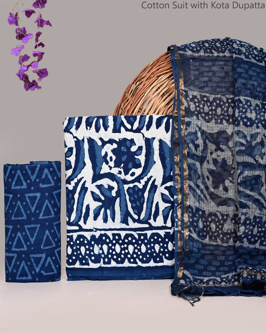 Women’s Ethnic Handblock Print Cotton Suit with Kota Doria Dupatta | Unstitched Dress Material