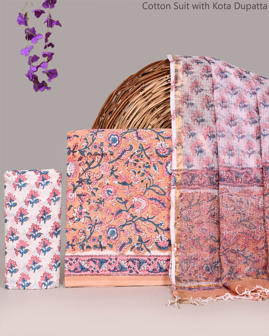 Handblock Printed Cotton Suit Set for Women with Kota Doria Dupatta | Lightweight Ethnic Wear