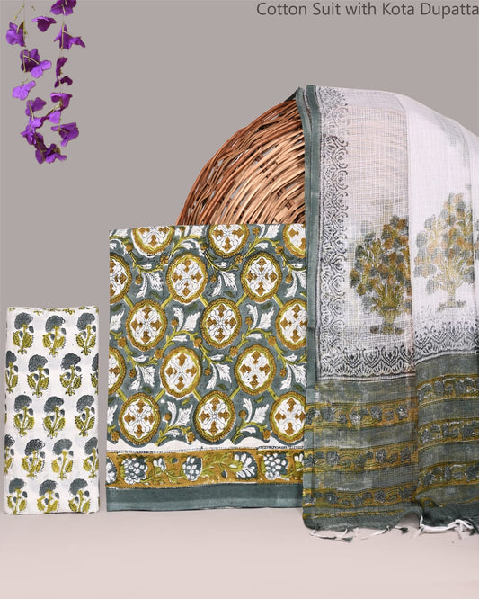Pure Cotton Handblock Print Suit with Kota Doria Dupatta | Women’s Ethnic Suit Set