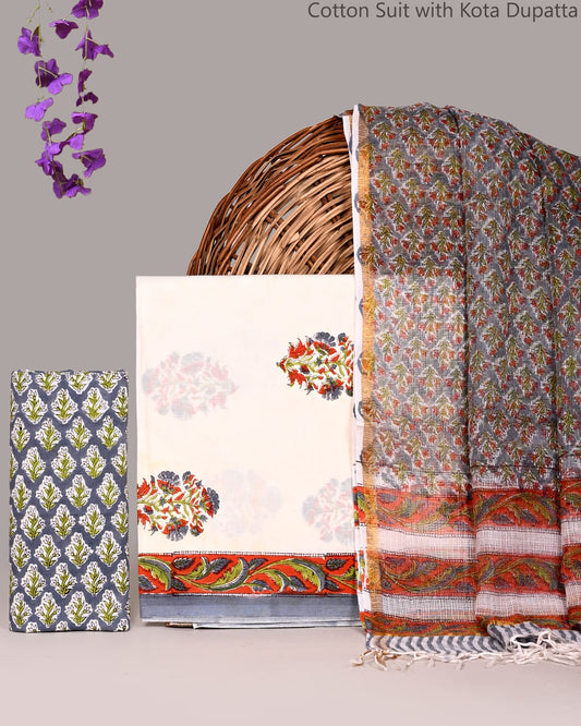Bagrubazzar Bagru Hand Block Print Cotton Unstitched Suit Set with Kota Doria Dupatta
