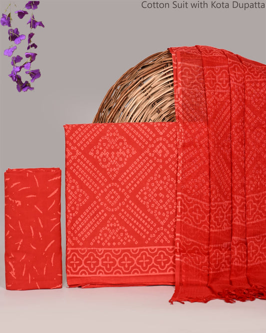 Bagrubazzar Handblock Printed Cotton Suit Set with Kota Doria Dupatta – Unstitched