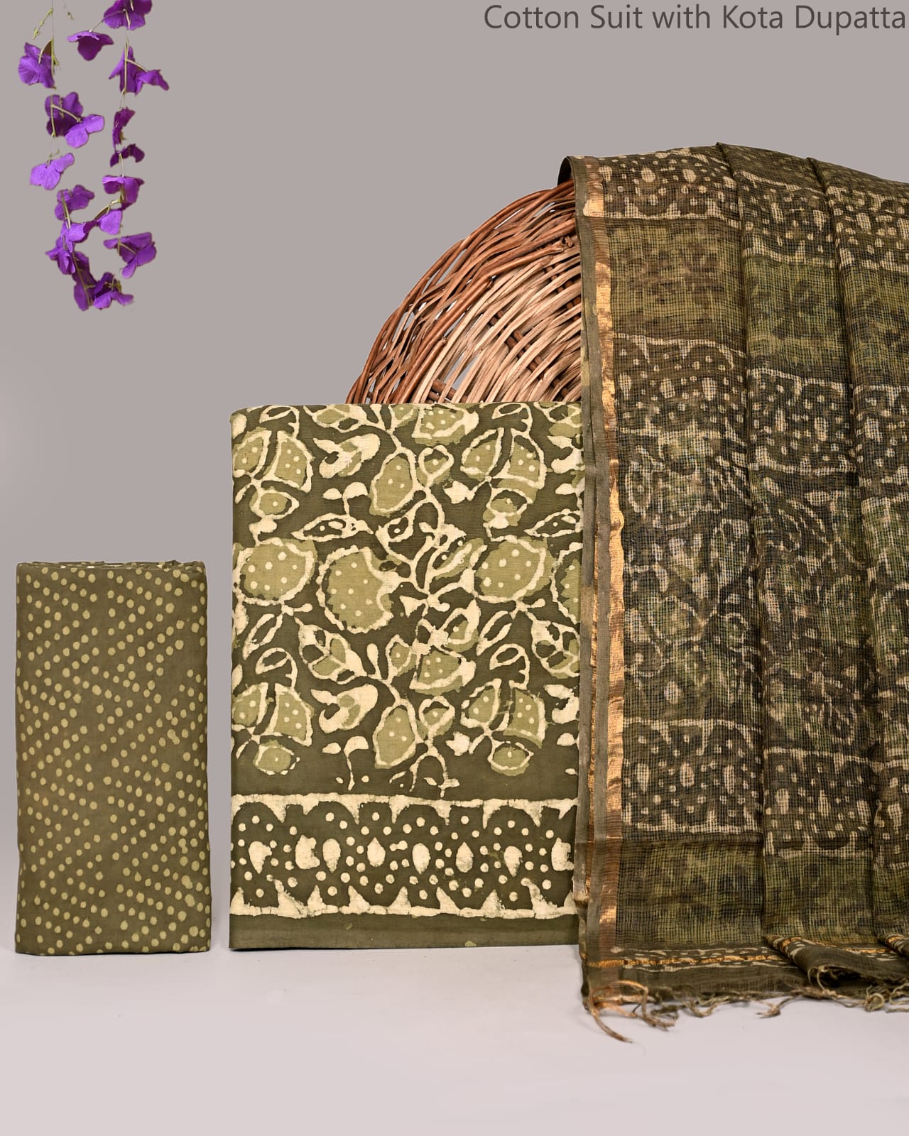 Bagrubazzar Traditional Bagru Handblock Cotton Suit Set with Kota Doria Dupatta