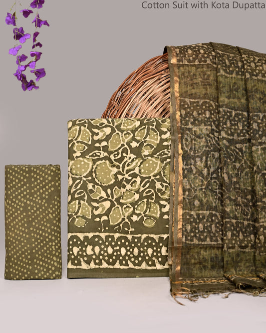 Bagrubazzar Traditional Bagru Handblock Cotton Suit Set with Kota Doria Dupatta
