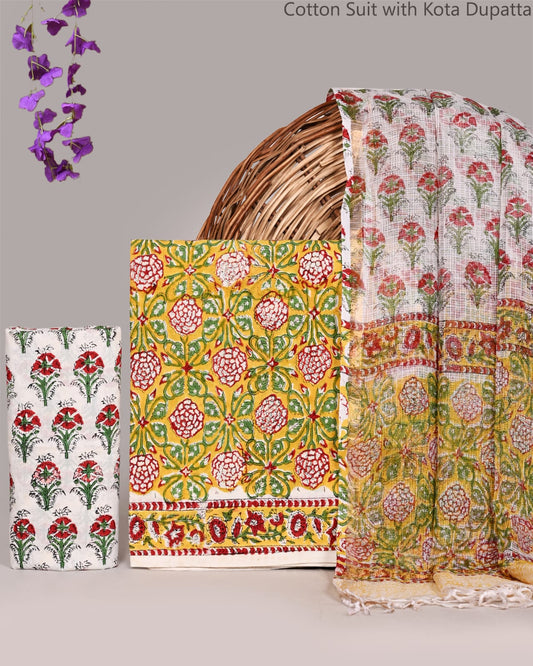 Bagrubazzar Ethnic Handblock Unstiched Bagru Cotton Suit Set with Soft Kota Doria Dupatta