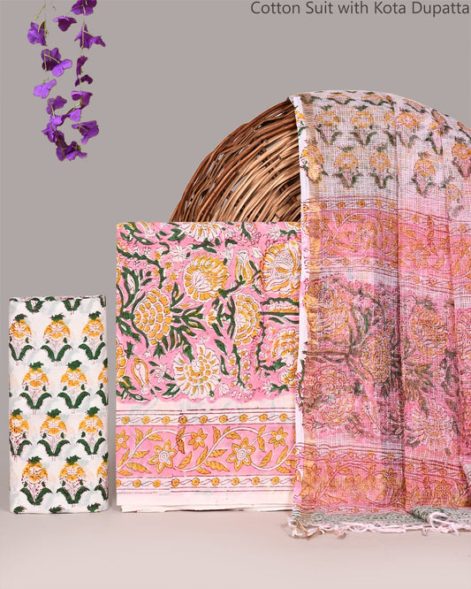 Bagrubazzar Premium Handblock Bagru Print Unstiched Cotton Suit Set with Kota Doria Dupatta