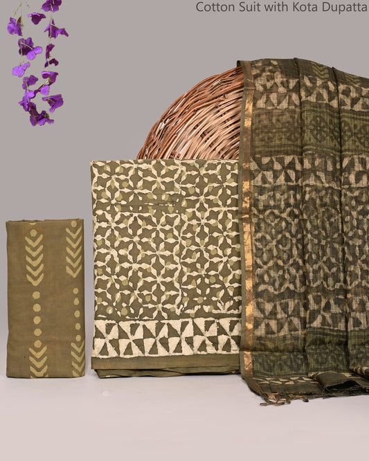 Bagrubazzar Ethnic Wear Bagru Handblock Cotton Suit Set with Kota Doria Dupatta