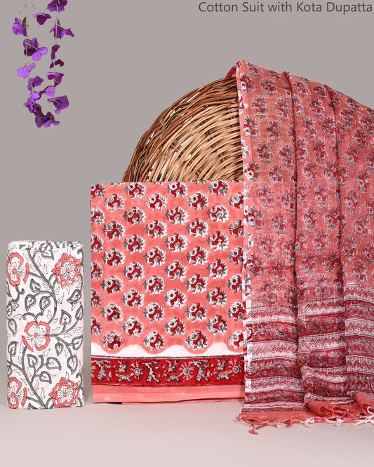 Bagrubazzar Classic Sanganeri Print Unstiched Cotton Suit Set with Kota Doria Dupatta for Women