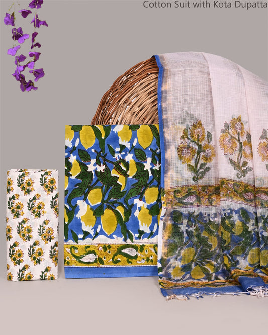 Bagrubazzar Bagru Handblock Printed Unstched Cotton Suit Set with Kota Doria Dupatta