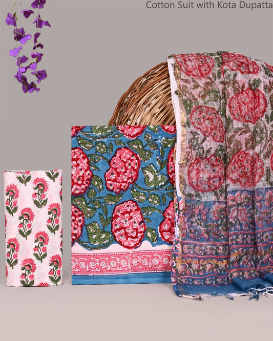 Bagrubazzar Ethnic Bagru Handblock Cotton Suit Set with Kota Doria Dupatta