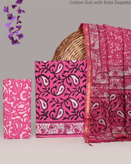 Bagrubazzar Pure Cotton Bagru Print Suit Set with Kota Doria Dupatta for Women