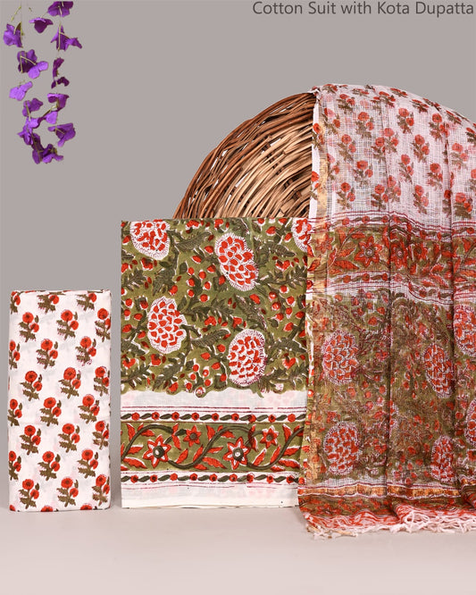 Bagrubazzar Premium Bagru Print Cotton Suit Set with Lightweight Kota Doria Dupatta