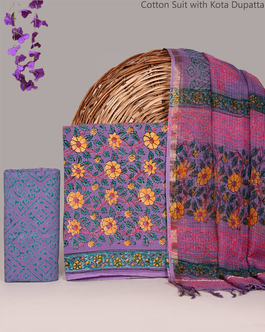 Bagrubazzar Designer Sanganeri Handblock Cotton Suit Set with Kota Doria Dupatta