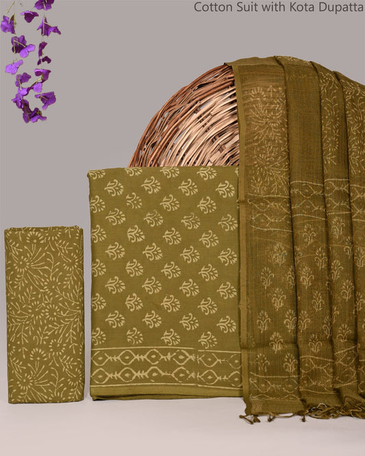Bagrubazzar Handmade Bagru Handblock Cotton Suit Set with Kota Doria Dupatta