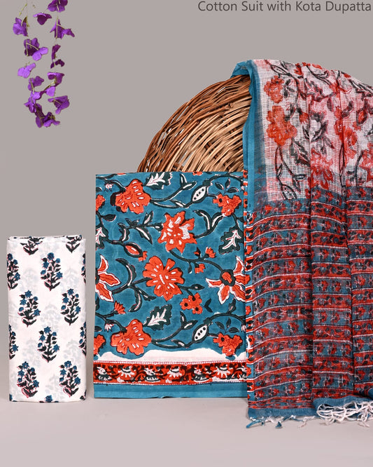 Bagrubazzar Sanganeri Handblock Print Cotton Suit Set with Kota Doria Dupatta