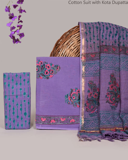 Bagrubazzar Handblock Bagru Print Cotton Suit Set with Kota Doria Dupatta for Women