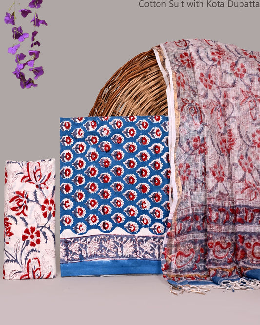 Bagrubazzar Stylish Jaipur Block Print Cotton Suit Set with Kota Doria Dupatta
