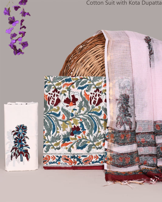 Bagrubazzar Indian Ethnic Jaipur Handblock Cotton Suit Set with Kota Doria Dupatta