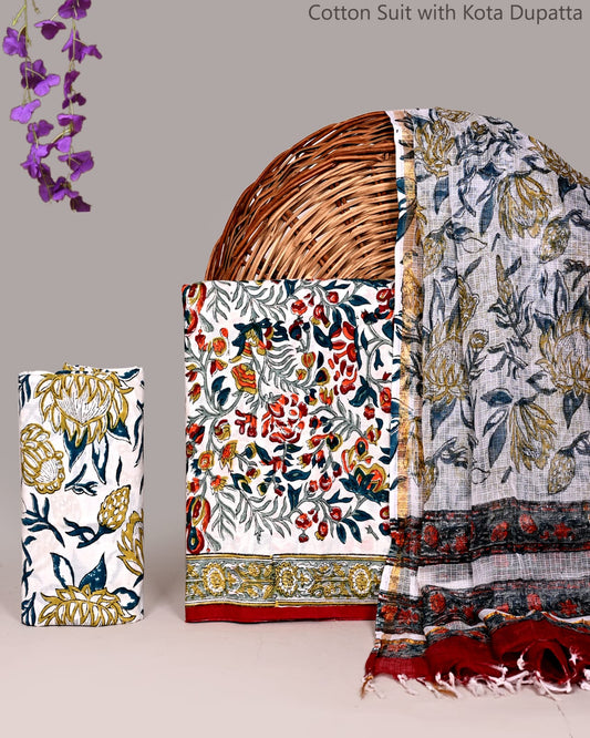 Bagrubazzar Handmade Jaipur Block Print Cotton Suit Set with Kota Doria Dupatta