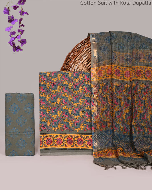 Bagrubazzar Floral Jaipur Print Cotton Suit Set with Kota Doria Dupatta for Women