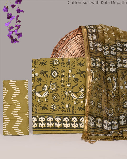 Bagrubazzar Ethnic Jaipur Block Print Cotton Suit Set with Kota Doria Dupatta