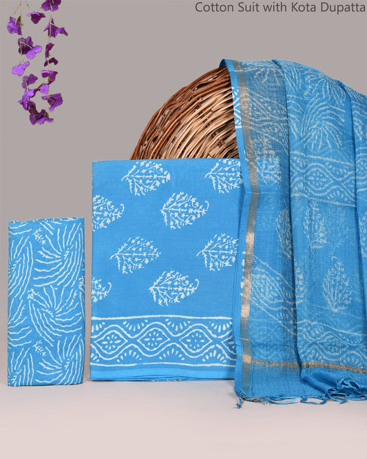 Bagrubazzar Designer Jaipur Handblock Cotton Suit Set with Kota Doria Dupatta
