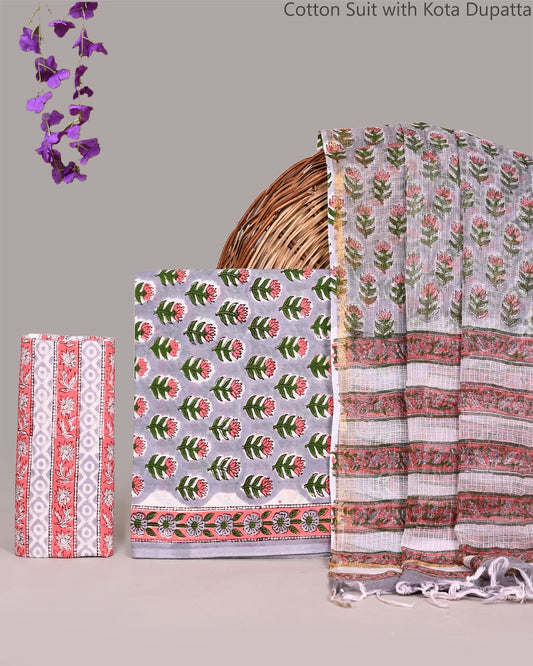 Bagrubazzar Authentic Jaipur Handblock Cotton Suit Set with Kota Doria Dupatta