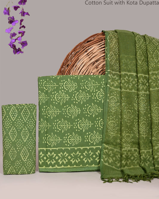 Bagrubazzar Traditional Jaipur Print Cotton Suit Set with Kota Doria Dupatta for Women