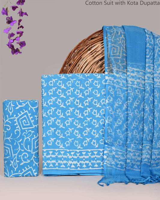 Bagrubazzar Handblock Jaipur Print Cotton Suit Set with Kota Doria Dupatta for Women