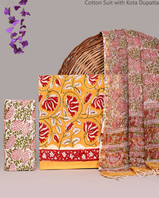 Bagrubazzar Bagru Handblock Printed Cotton Suit Set with Kota Doria Dupatta for Women