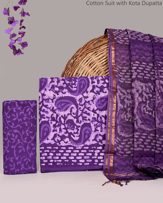 Bagrubazzar Hand Block Printed Cotton Suit Set with Kota Doria Dupatta