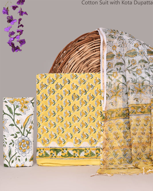 Bagrubazzar Authentic Bagru Handblock Printed Cotton Suit Set with Kota Doria Dupatta