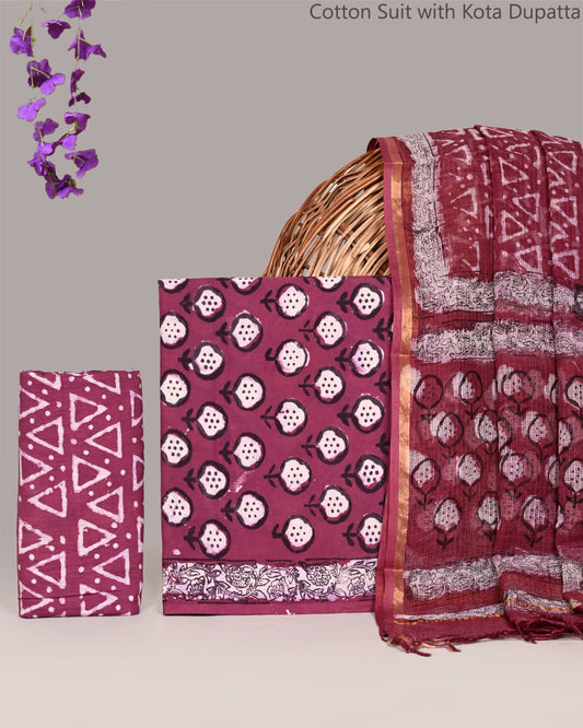Bagrubazzar Women Handblock Printed Cotton Suit Set with Kota Doria Dupatta