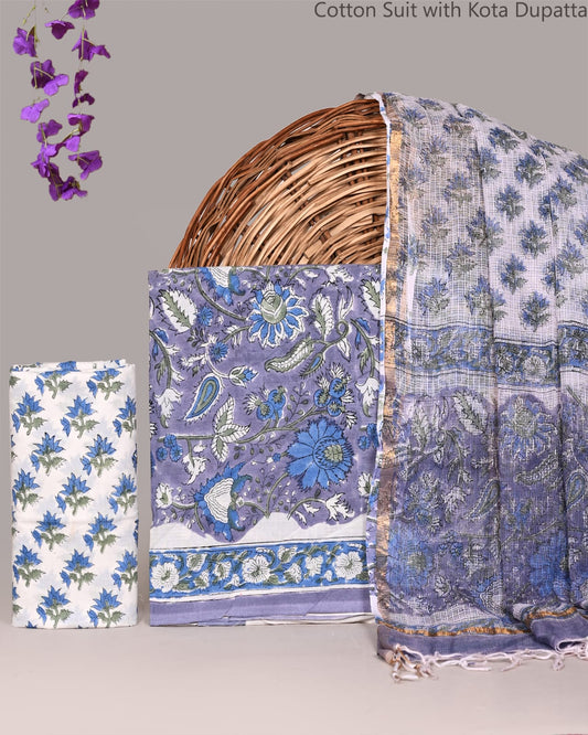 Bagrubazzar Handblock Printed Cotton Suit Set with Kota Doria Dupatta for Women