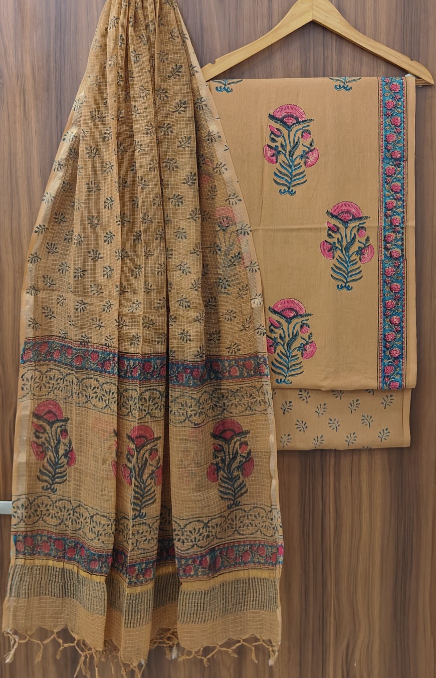 Designer Handblock Printed Cotton Suit Set with Kota Doria Dupatta | Indian Ethnic Outfit