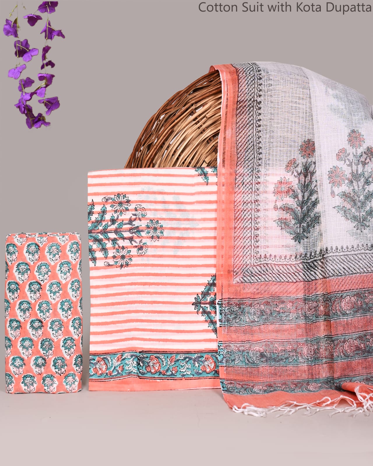 Bagrubazzar Traditional Hand Block Cotton Unstitched Suit Set with Kota Doria Dupatta