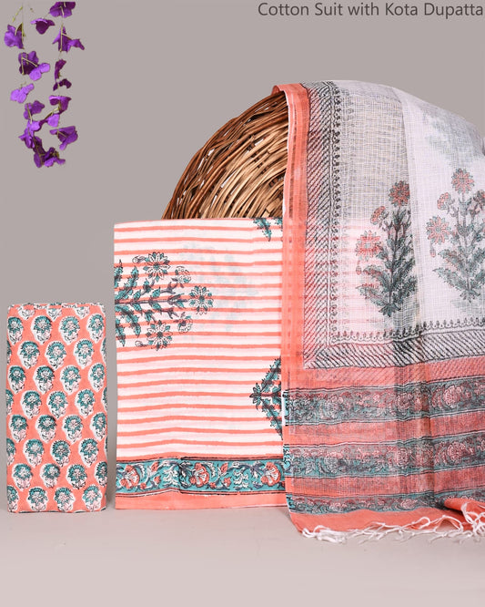 Bagrubazzar Traditional Hand Block Cotton Unstitched Suit Set with Kota Doria Dupatta