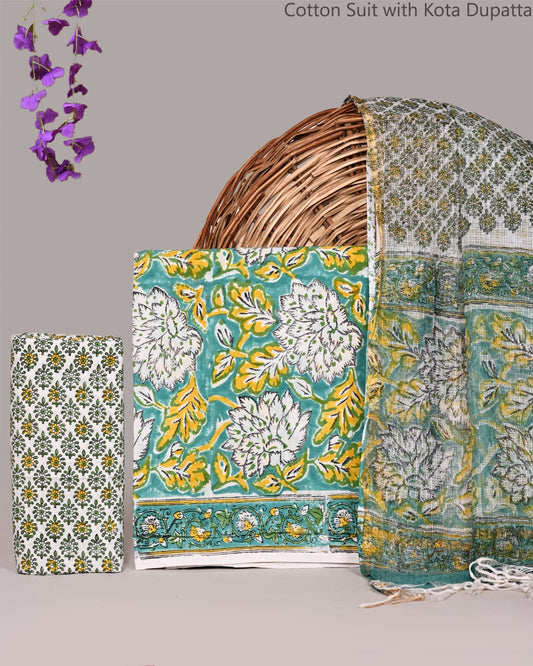 Bagrubazzar Traditional Bagru Print Cotton Unstitched Suit Set with Kota Doria Dupatta